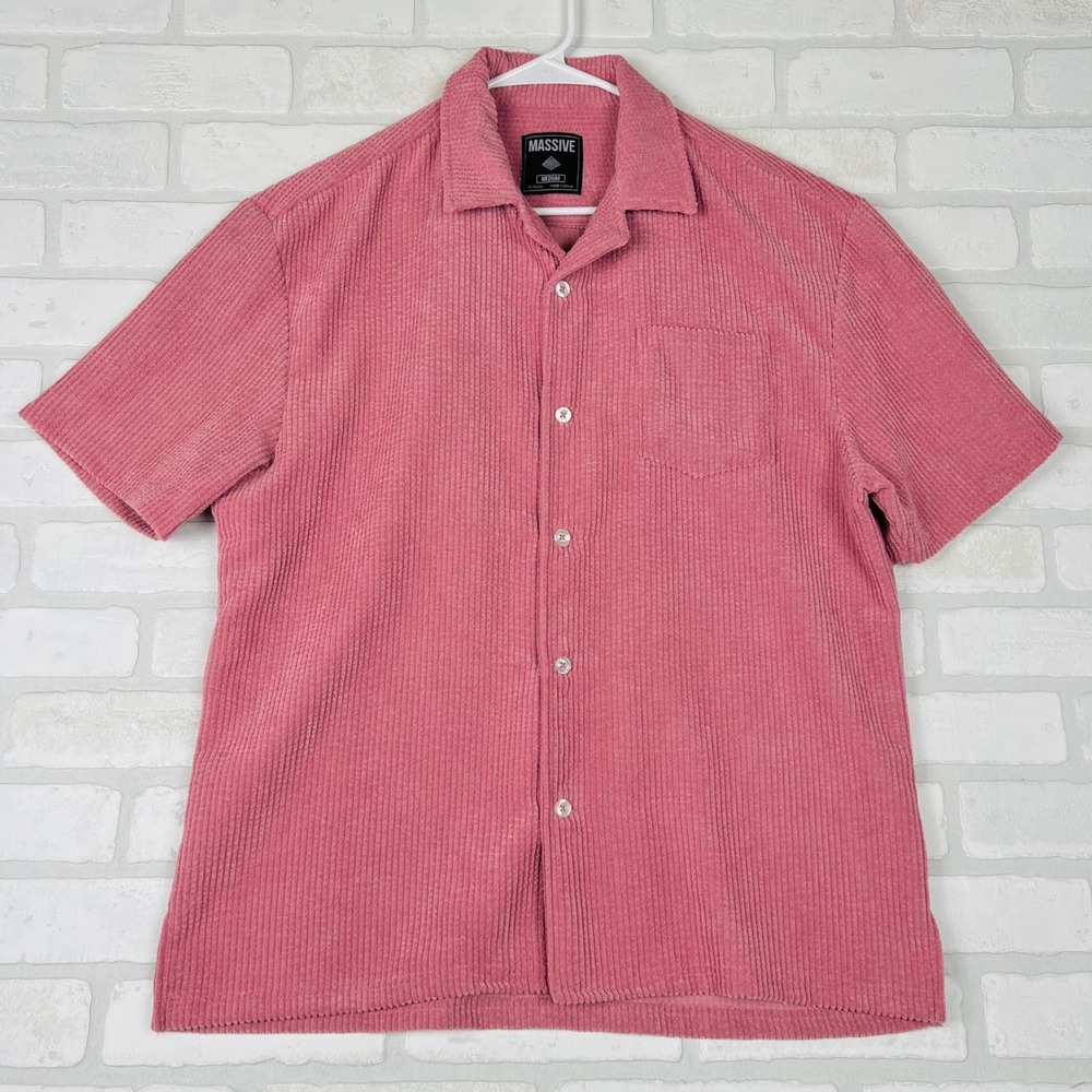 Massive Mens Corduroy Short Sleeve Camp Collar Shirt Pink Medium RN96415